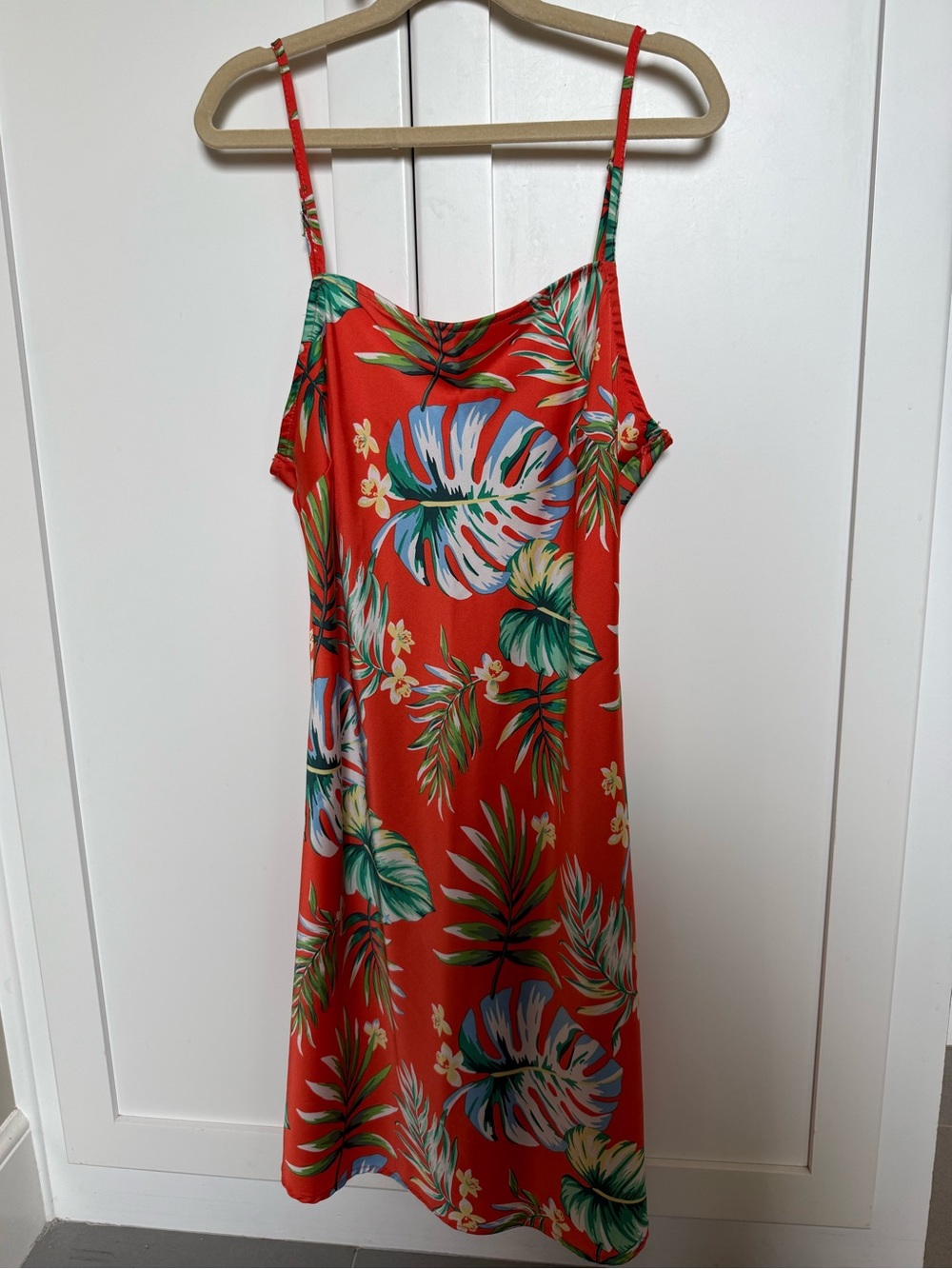 Red Tropical Dress with Leaf Print